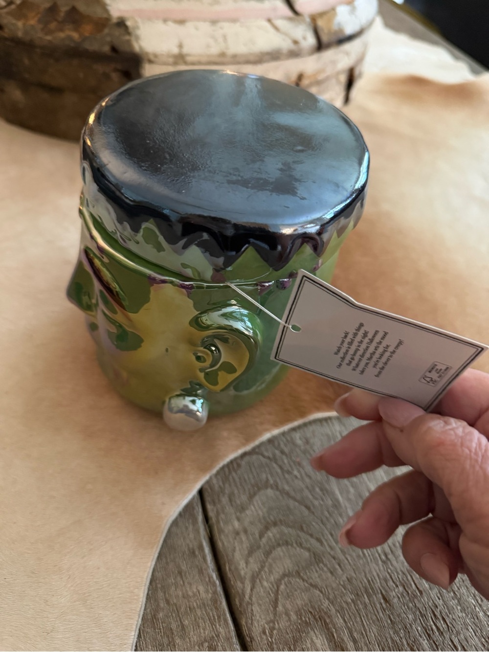 Brand NWT Martha Stewart Iridescent Green Frankenstein Face Candle Jar - Picture 3 of 13